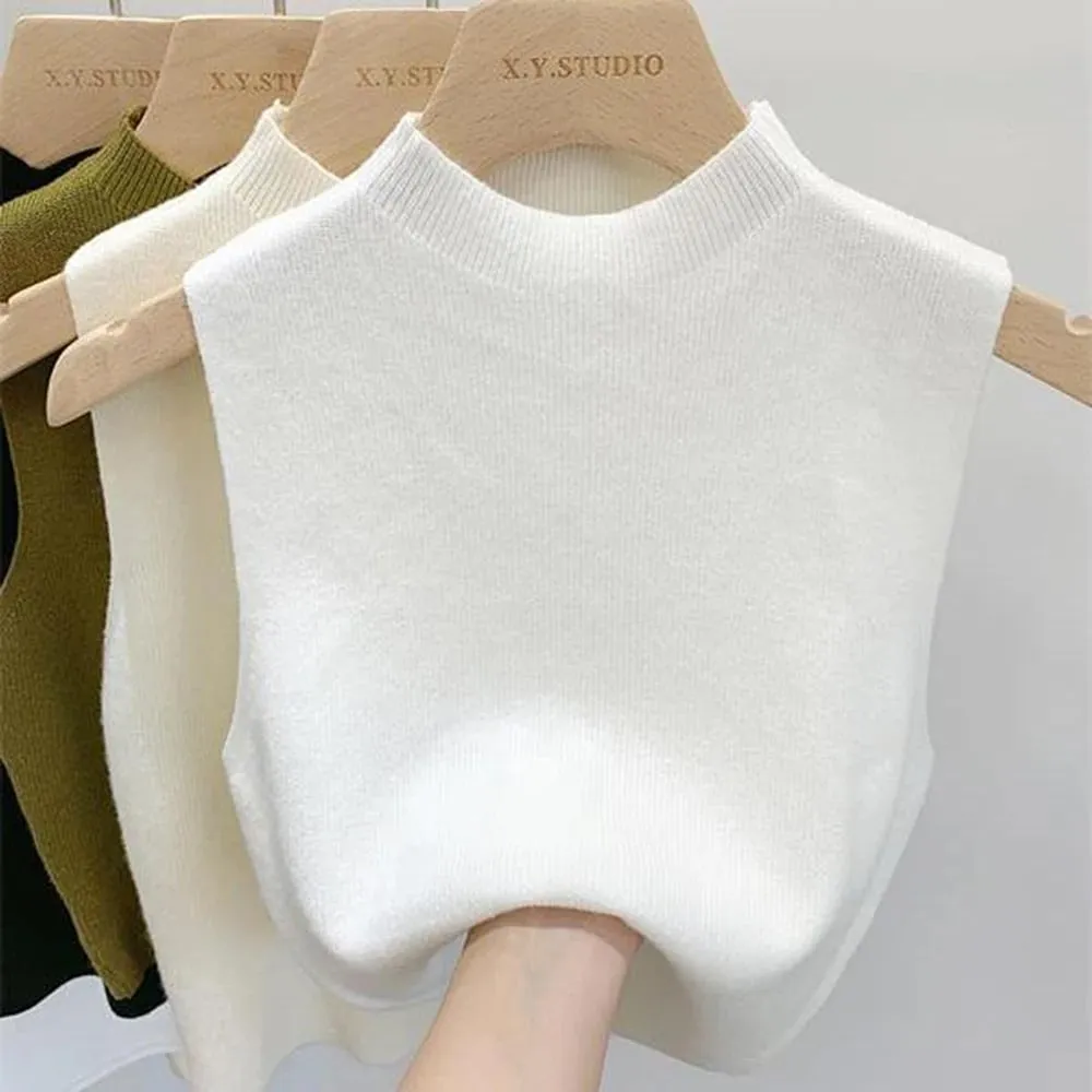 Women's Vest Tank Top Solid Color Knitted Tees Cropped Camisole Sweater Half-turtleneck Spring Autumn Sleeveless топ женский — image 4