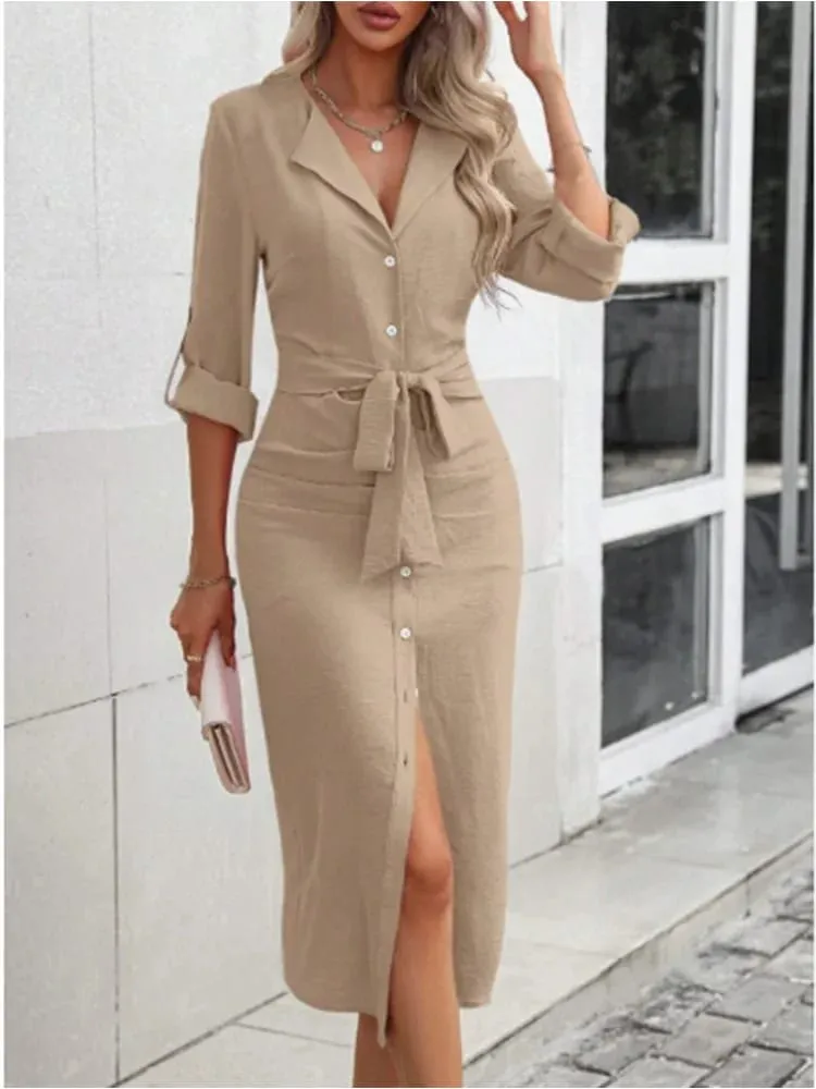 Office Lady V-neck Solid Color Shirts Style Dress Women's Long Sleeved Button Lace Up Dress Elegant Autumn Spring Dresses — image 1