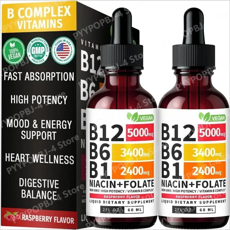 Vitamin B12 B6 tekuté kapky 60 ml B komplex s B1 Niacin Folate Malina Veganský denní wellness doplněk 40 porcí Dospělí