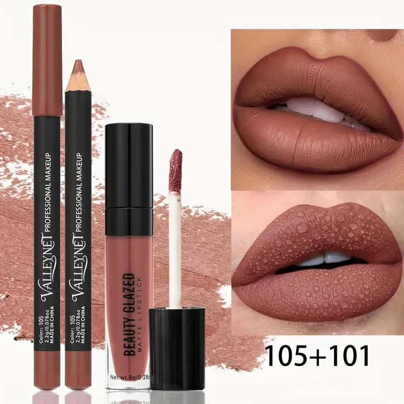 2pcs Wooden Lipstick Pens with 1pc Matte Lip Gloss Set Long-Lasting Resistant Waterproof Ideal Beauty Products for Gifting. — image 3
