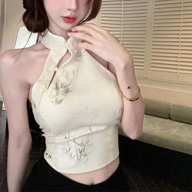 Summer Elegant Vintage Woman Clothing Print Halter Sleeveless Design Camis Tops Retro New Fashion Female Button Casual Chic Tops — image 2