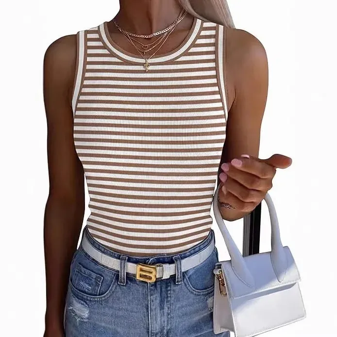 Women Striped Ribbed Tank Top 2026 Summer Casual Sleeveless Round Neck Slim Fit Vest Female Daily Streetwear Basic Undershirt