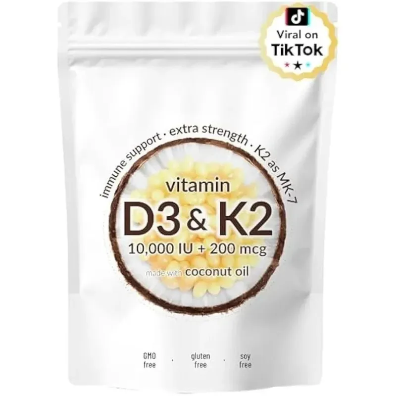Vitamin D3 10000 IU K2 MK-7 200 mcg Softgels with Coconut Oil 2 in 1 Supports Strong Bones Immune Function Heart Health 300 Ct