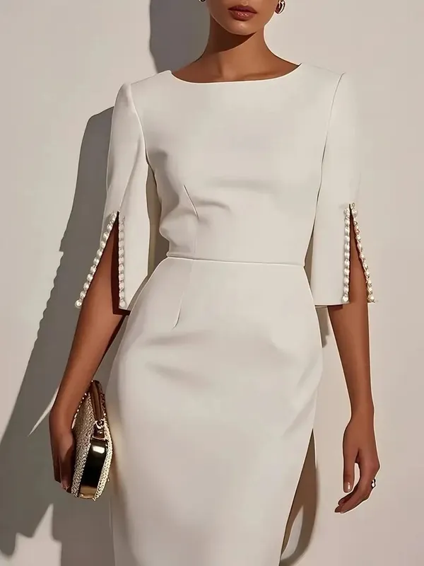 Women's Solid Color Elegant Round Neck Half Sleeve Beaded Decorated Slim Fit Midi Dress — image 2