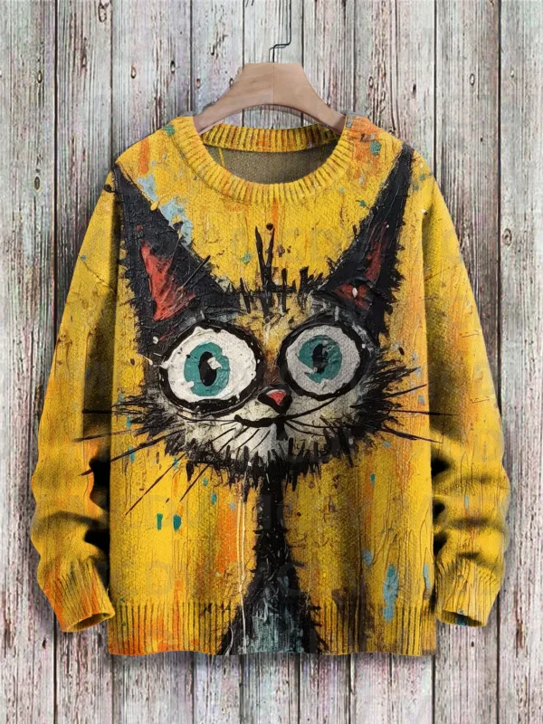 Cute Black Cat Flower Birds Art Pattern Print Casual Knit Pullover Sweater Classic Sweater Men's For Women's Pullover — image 7