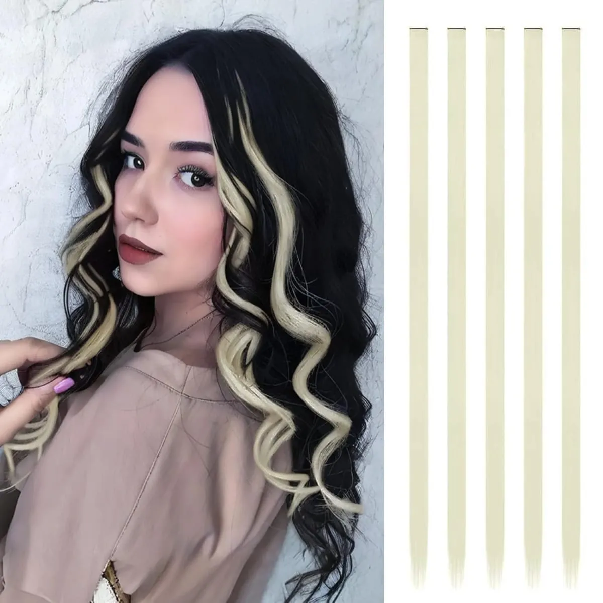 Synthetic 5PCS Colorful Hair Extensions Party Highlights Colorful Clip in Hair Extensions Straight Hairpieces for Women Girls — image 25