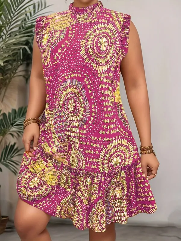 Plus Size 2025 Summer New Women's Elegant Slim Fit Short Sleeve Dress - Black Gold and Red Paisley Print Ruched Hem Round Neck — image 10