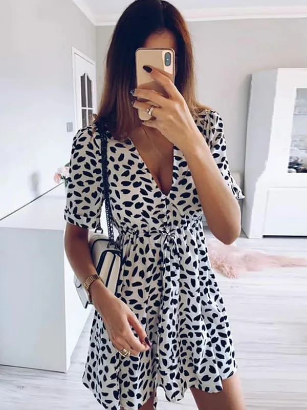 White Sand Spot Mini Summer Dresses Women V Neck Casual Beach Sundress Sexy Botton Wrap Bodycon Dress Female