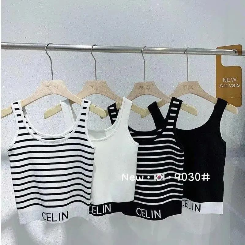 봄과 여름 새로운 한국어 스타일 밑단 편지 줄무늬 슬리밍 니트 홀터 탑 여성을위한 다목적 슬리밍 솔리드 컬러 조끼 — image 5