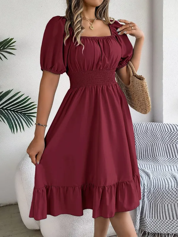 Spring Summer Elegant High Waisted Dress Square Neck Short Sleeved Ruffled Edge Long Dresses 2026 Valentine's Day Woman Clothing — image 13