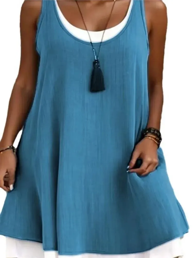 Women's Solid Dress Fashion O Neck Pullover Sleeveless Fake Two Piece Loose Beach Dresses For Women Summmer New Womens Clothing — image 7