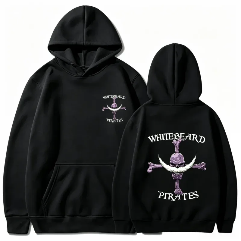 Felpa con cappuccio One Piece Pirati di Barbabianca, Felpa pullover con stampa, Top con cappuccio streetwear grafico anime Barbabianca Jolly Roger — image 2