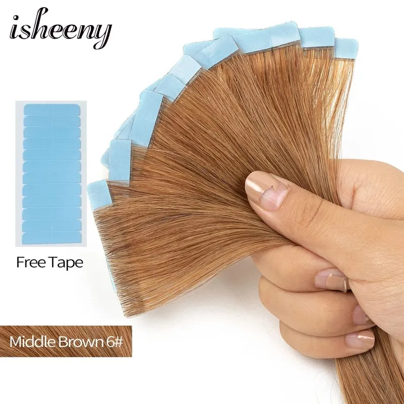 Isheeny 12" 16" 20" PU Skin Weft Tape Hair Extensions 10pcs Invisible Tape In Hair Extensions Straight Machine Remy Human Hair