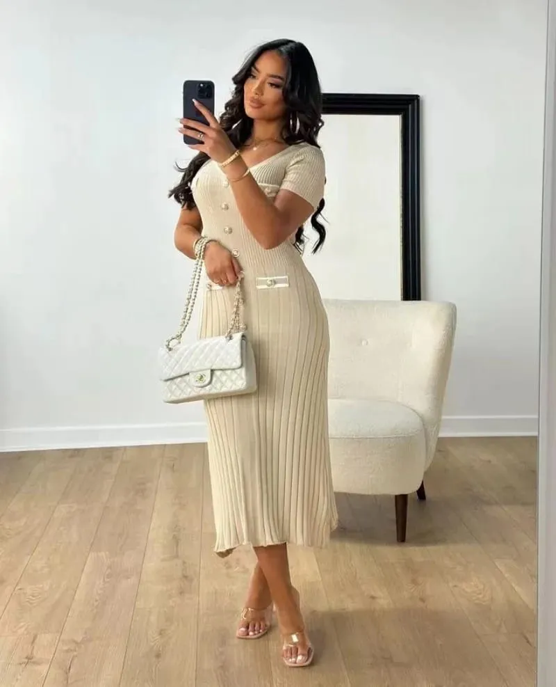 Elegant Knitted Maxi Dresses Bodycon Short Sleeve Ruffles Single Breasted 2025 New Dress Casual Communte Streetwear Vestidos — image 5