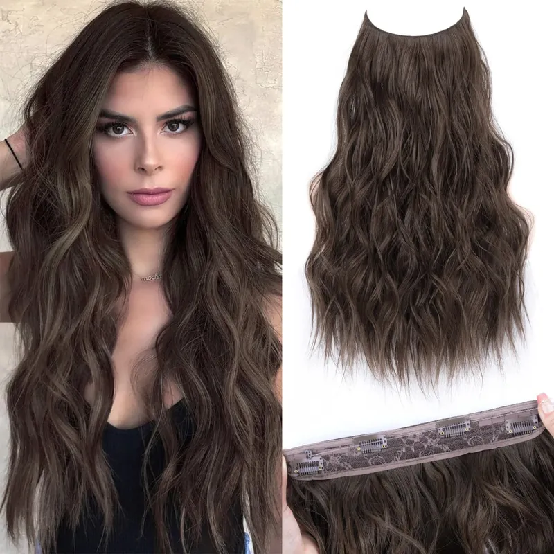 Synthetic 4 Clips Invisible Wire Hair Extensions Long Wavy Natural Fish Line One Piece False Hairpiece Hair Extension For Women