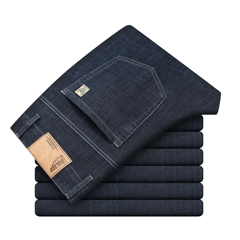 Men's Ice Silk Jeans Summer New Lyocell Thin Business Casual Denim Pants Classic All Match Slim Fit Straight Elastic Jean Male
