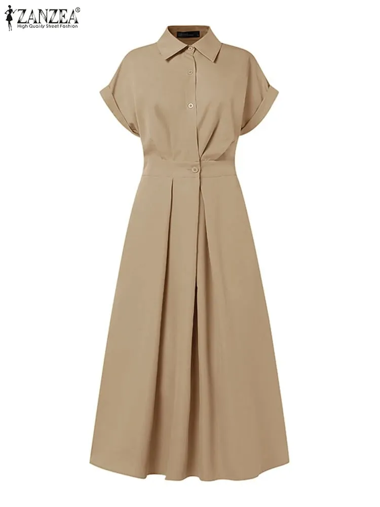Elegant Chic Women Long Dresses Casual Short Sleeve Collared High Waisted Casual & Day Shirt Dress Solid Color S-3XL — image 3