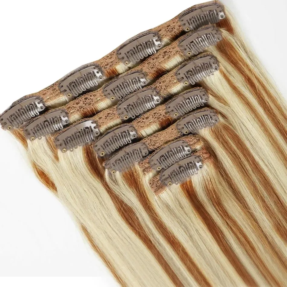 100% Real Human Hair Blonde Clips In Hair Extensions Bundles Natural Black Bulks Blonde 613 Piano Colored Brazilian Hair 30 inch — image 17