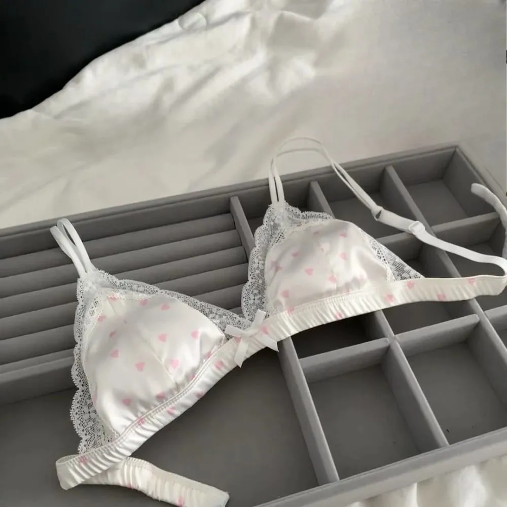 セクシーな New French Style Satin Lace Bra Panty Set Wireless Thin Triangle Cup Sweet Lingerie For Small Bust Young Ladies Size 32‑38 — image 6