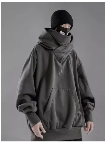 Felpa a collo alto con ricamo Felpa oversize Y2K Uomo Donna Felpa con cappuccio Ninja giapponese Autunno Hip Hop Tasca in pile Streetwear