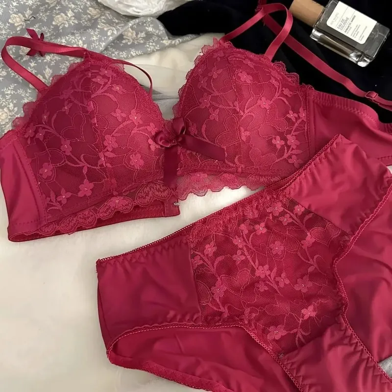 Sexy Embroidered Underwear Small Breasts Gathered Without Steel Ring Top Support Anti-Sagging Breathable Lace Lace Bra Set — image 5