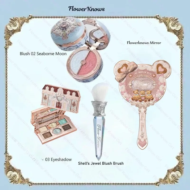 Makeup Flower Knows Set Shell Pearl Series Six Color Eyeshadow Palette Embossed Blusher Shine Lipstick Kit With Bag All In