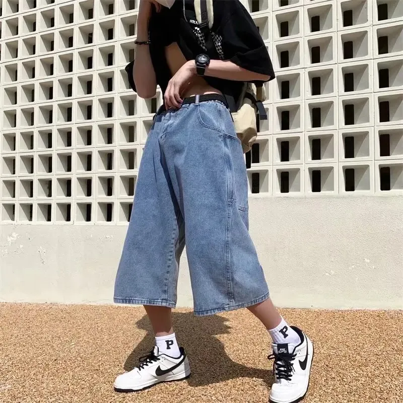 Jeans Pants Men Summer Short Jeans Big-Pockets Breeches Hip Hop Streetwear Baggy Denim Shorts Casual Wide-Leg Capris Pants — image 9