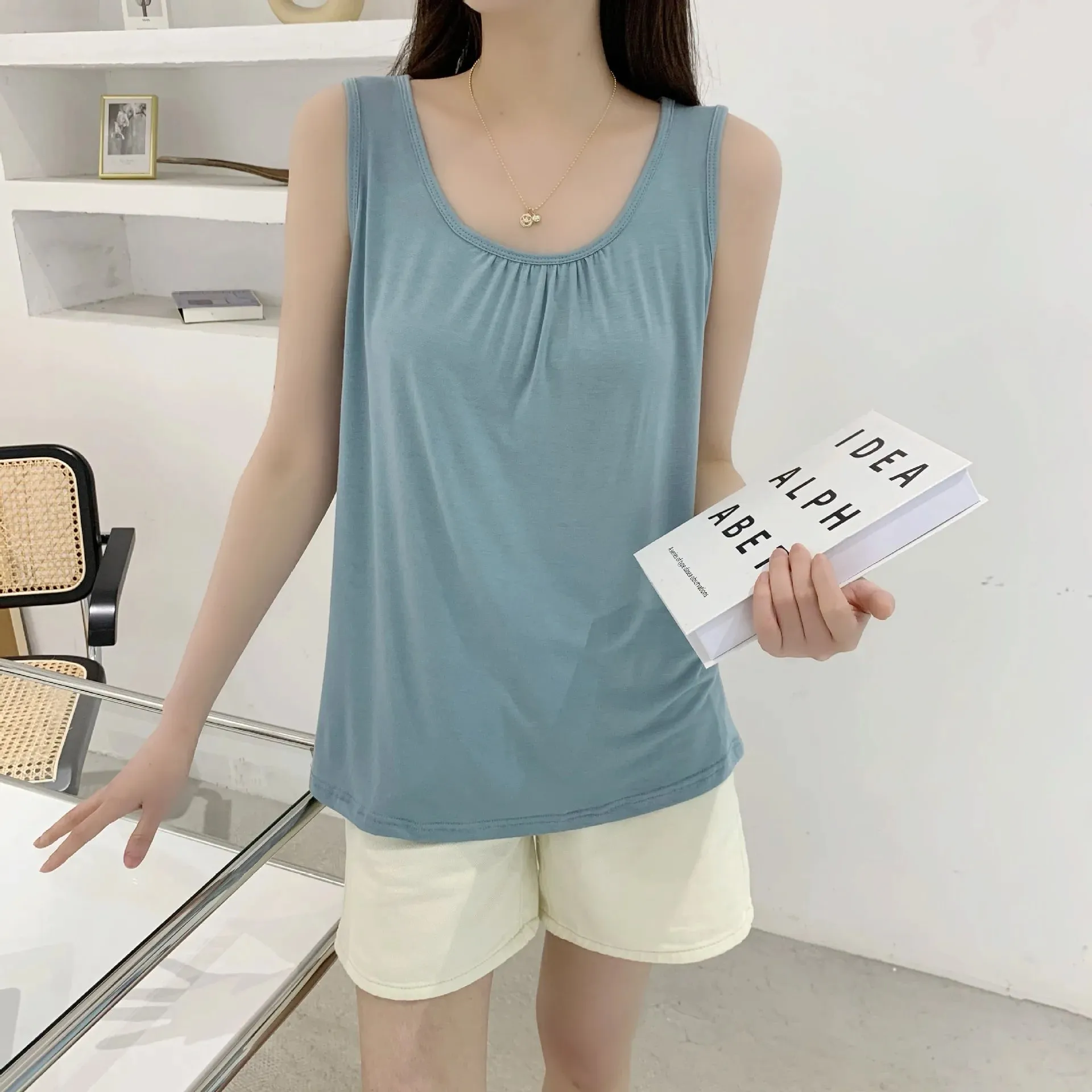 Summer Tank Tops Plus size O-neck Modal Pleated Camis wear inside Tee Tops sleeveless Casual Loose Top All match