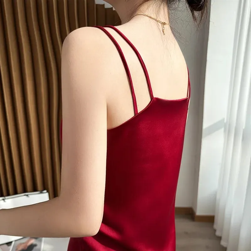 Silk Satin Women Double Shoulder Camisole Tank Top V-neck Sleeveless Top T-shirt Elegant Crop Top Solid Casual Basic 2025 Summer — image 3