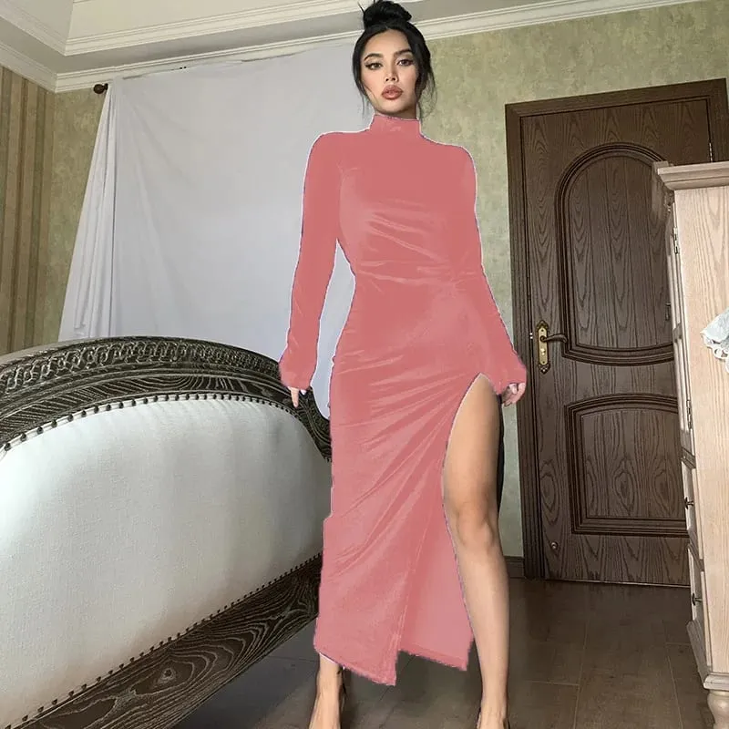Women's Turtleneck Long Sleeve Velvet Maxi Dress Ruched High Slit Bodycon Evening Party Club Long Dress — image 5