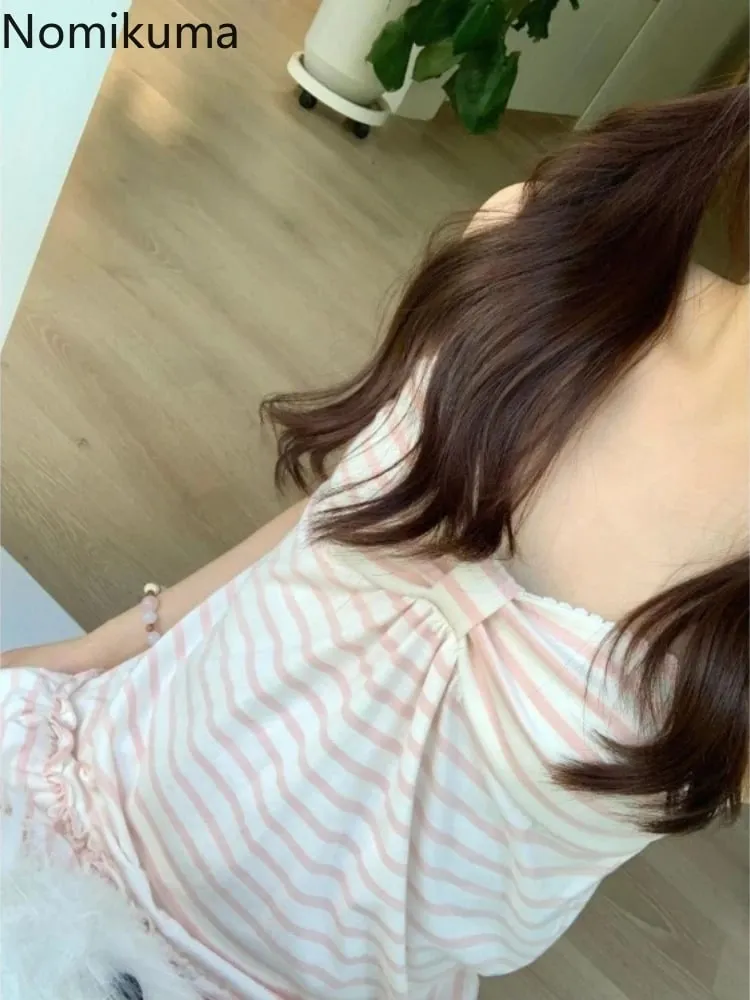 Japanese Sweet Vest Women Clothing Vintage Striped Sleeveless Tees Fashion Summer Camis Ruffles Slim Fit Vintage Tank Ropa Mujer — image 5