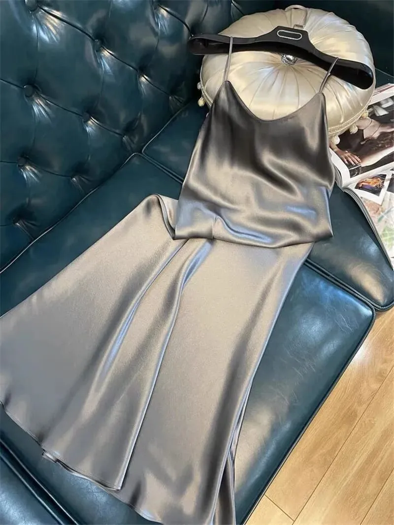 Women Slip Dress Satin Sleeveless V-Neck Solid Silk Elegant Vintage Lady 2026 Summer Female Long Spaghetti Strap Dresses Vestido — image 4