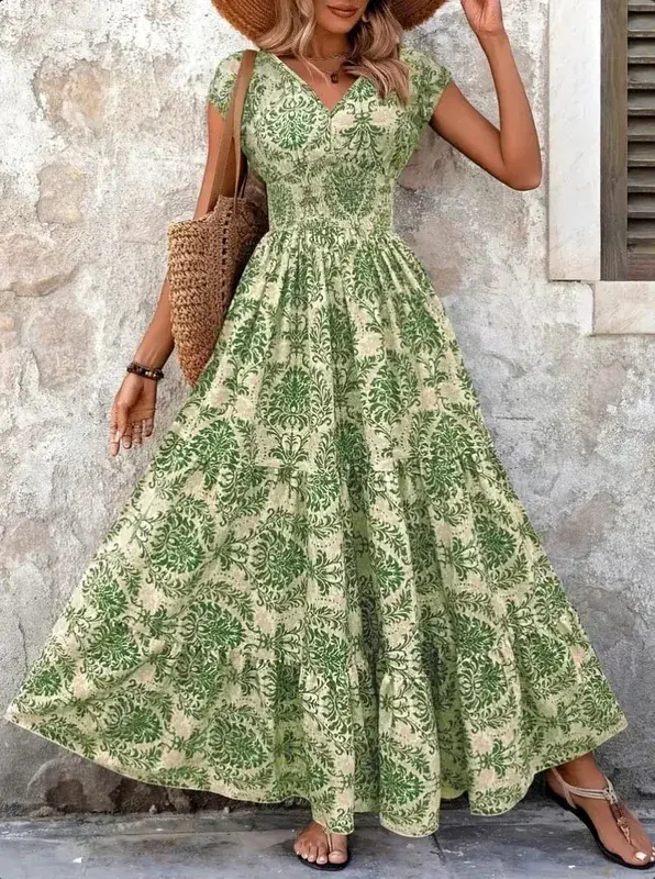 2026 Vintage trykt kjole Moderigtigt og elegant V-hals Kortærmet Jumpsuit Lang nederdel Dametøj