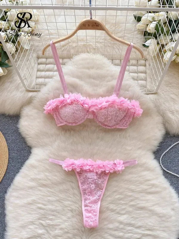 2024 Sensual Mesh Lace Lingerie Three Pieces Sets Women Floral Strap Mini Bra+Thongs Hollow Out Sexy Underwear Suits