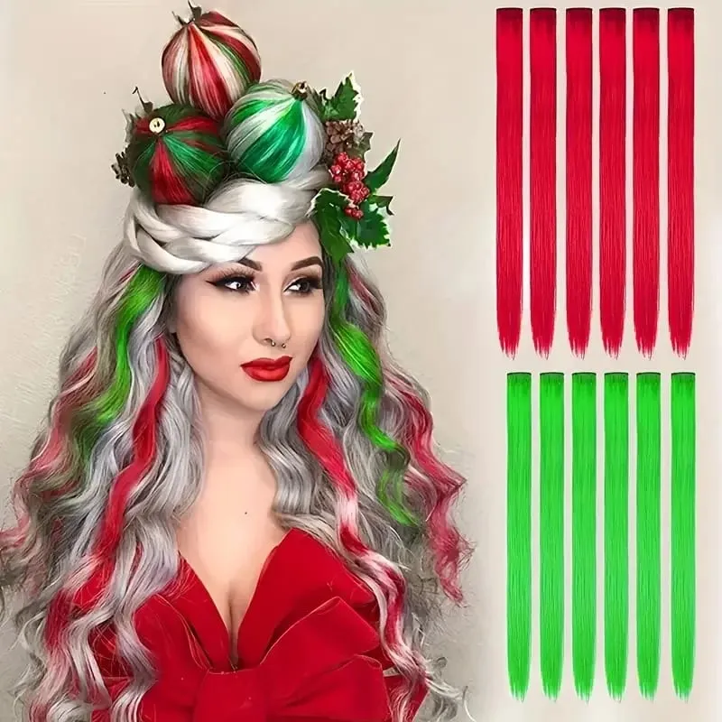 12 Pcs Colored Hair Extensions: Straight Hairpiece Multi-Color Party Highlights Clip-in Synthetic Hair Extensions for Women
