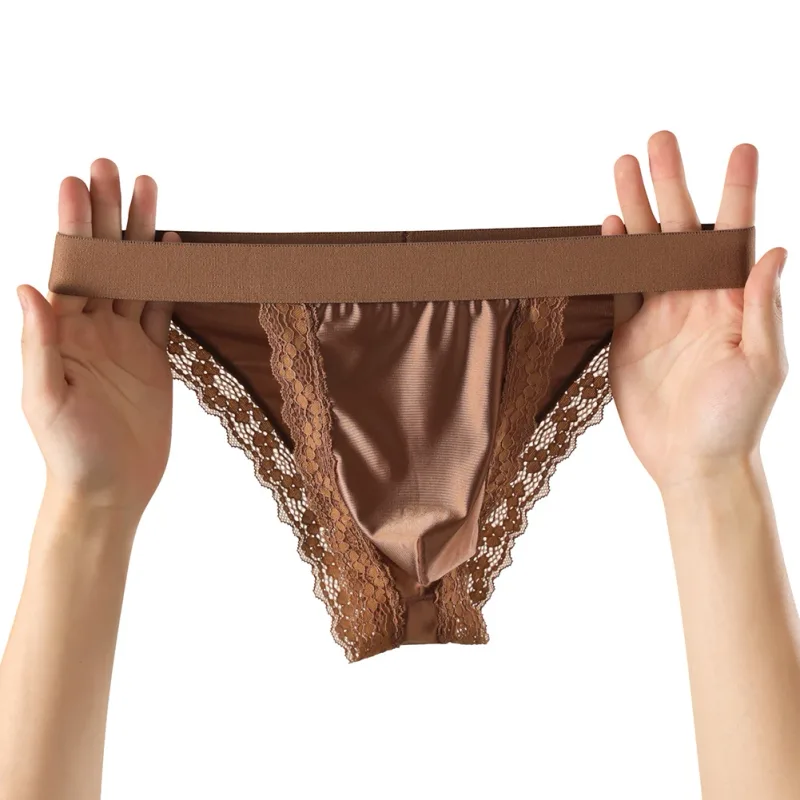 Satin-like Comfortable Men Panties Lace Trim Briefs Sexy High Fork Bikinis Underwear Breathable Low Waist Pouch — image 5
