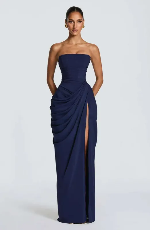 Mingmingxi lente zomer gele strapless maxi-jurk ruches hoge split avondjurk bodycon bruiloft gast feestjurk dames