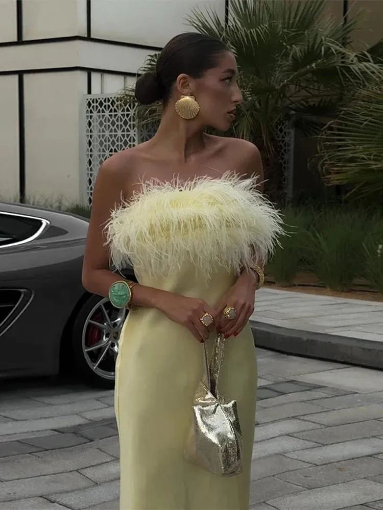 Geel Satijnen Fringe Maxi Jurk Vrouwen Elegante Strapless Mouwloze Taille Cinched Lange Jurken 2025 Nieuwe Zomer Vakantie Dame Gewaden — image 6