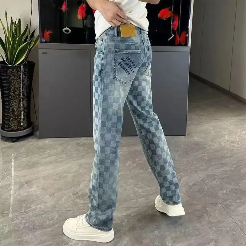 Spring Summer Checkered Jeans From Trendy Brand Versatile Men's Straight-leg high-end loose Casual Straight Stretch Pants — image 4