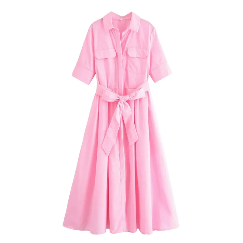 HH Women Summer Lapel Short Sleeve Pocket Single-Breasted Belt Decorate Midi Dress Female Fashion Shirt Style Pleated Dress — image 15