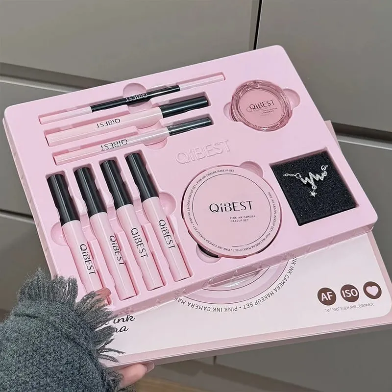 Multipurpose Makeup Set Include 4PC Lip Mud 1 Pressed Powder 1 Blush 1 Eyeliner 1 Eyelash Tool 1 Eyebrow Pencil Cosmetics