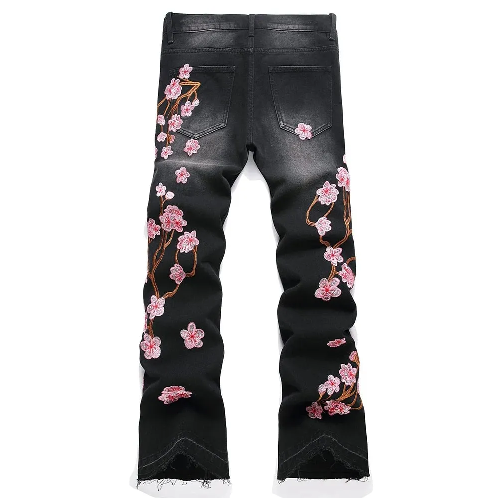 Men Sakura Embroidery Denim Jeans Streetwear Boot Cut Pants Released Hem Flared Trousers with Ripped And Cherry Blossom Design — image 2