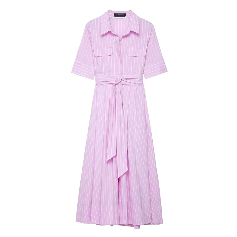 HH Women Summer Lapel Short Sleeve Pocket Single-Breasted Belt Decorate Midi Dress Female Fashion Shirt Style Pleated Dress — image 13