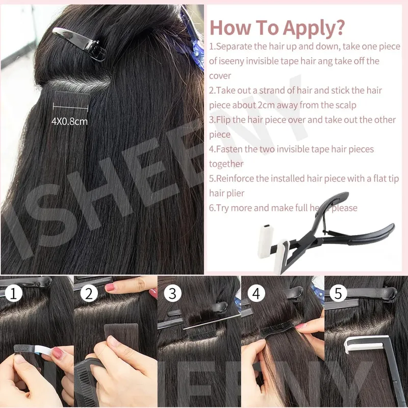 Isheeny Invisible Tape In Hair Extensions 12" 16" 20" Skin Weft Tape Ins 10ks Natural Straight Machine Made Remy Human Hair