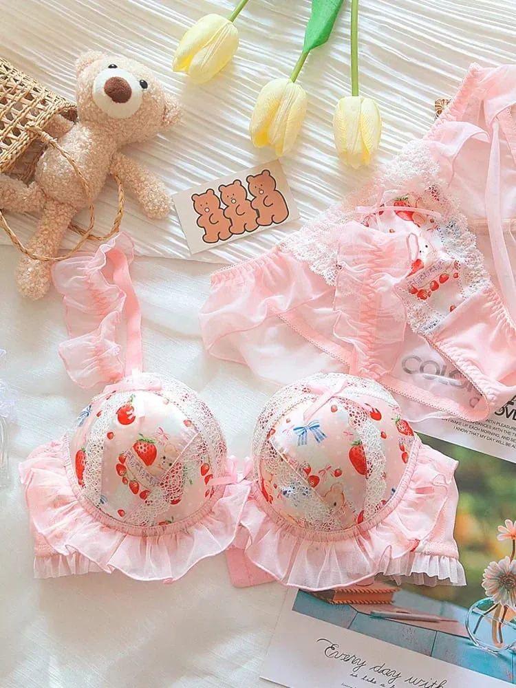 (Pure Want Wind) Princess Lolita Soft Cute Little Bear Underwear Cute Little Boob Push-up Bra Set Without Underwire — image 5