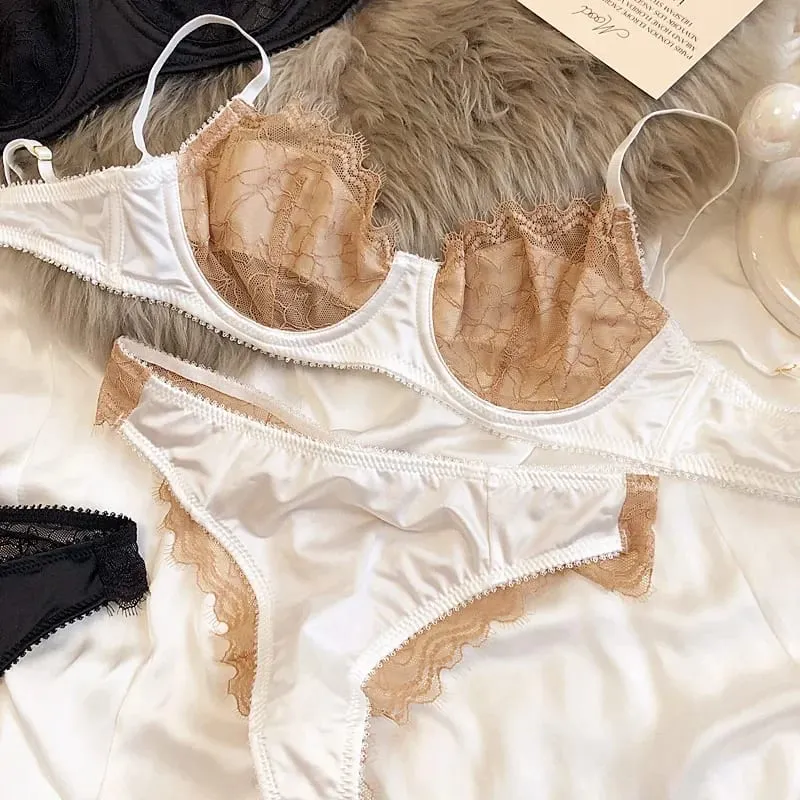 2 Pieces Sexy Ultra Thin Lace Bra Set Women Splicing Color Underwear French Silk Breathable Bras and Panties Intimate Lingerie — image 9