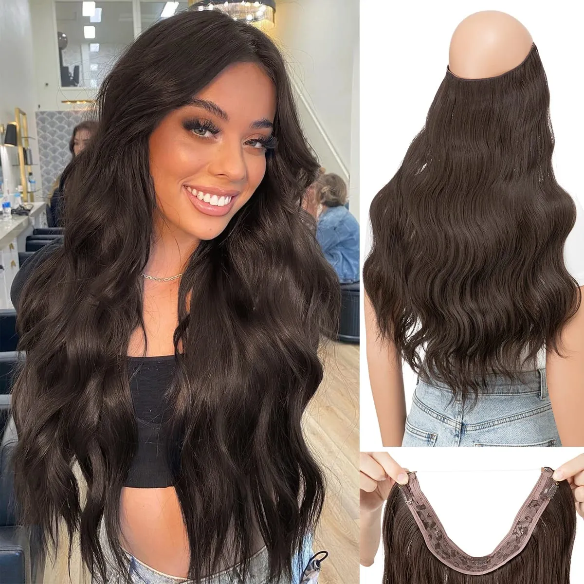 Synthetic Wave Invisible Clip in Hair Extensions Fish Line Ombre One Piece Natural Hairpiece Fake Blonde Hair Piece — image 10