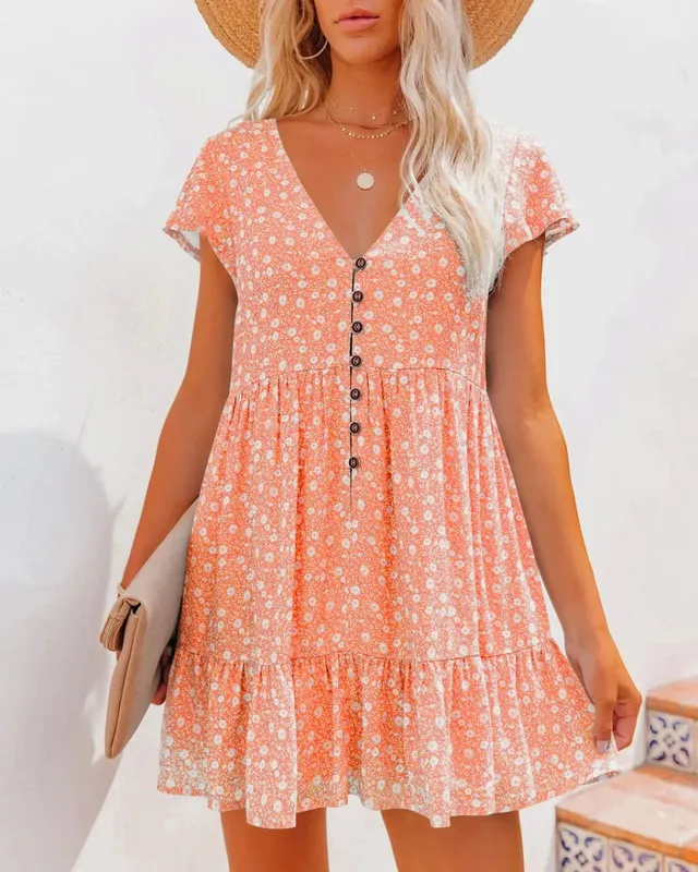 In Europe and the spring and summer independent stand v-neck button small broken flower loose women's leisure dress with short s — image 8