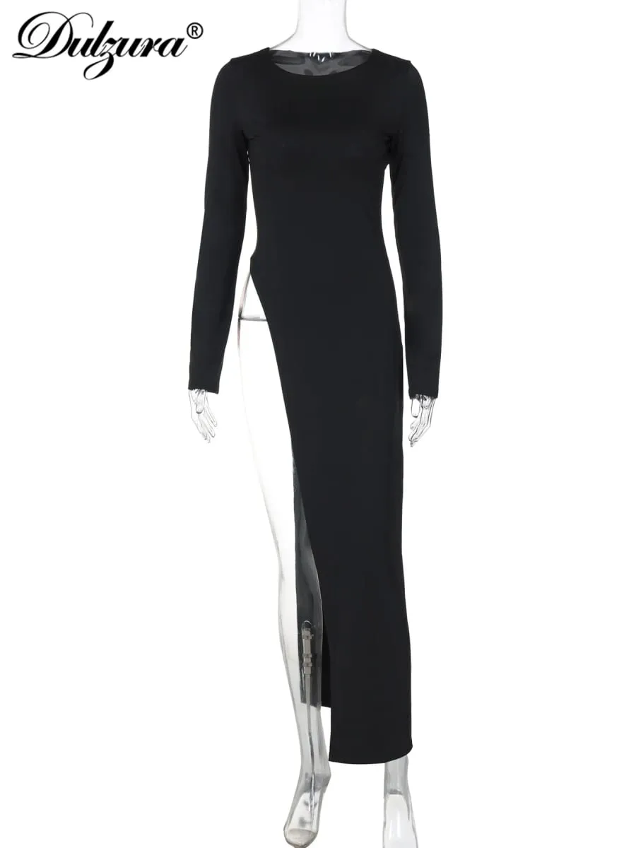 Dulzura Long Sleeves Side High Slit Maxi Dress Solid Sexy Long Dress Women’S Party Club Streetwear Autumn Winter Outfit — image 6