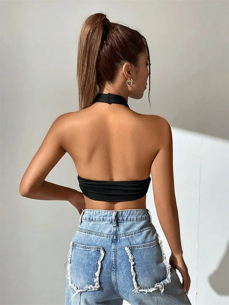 Sleeveless Backless Deep V-neck Halter Top Women Summer 2024 Club Party Sexy Solid Color Crop Tops Streetwear Y2K Clothes — image 2